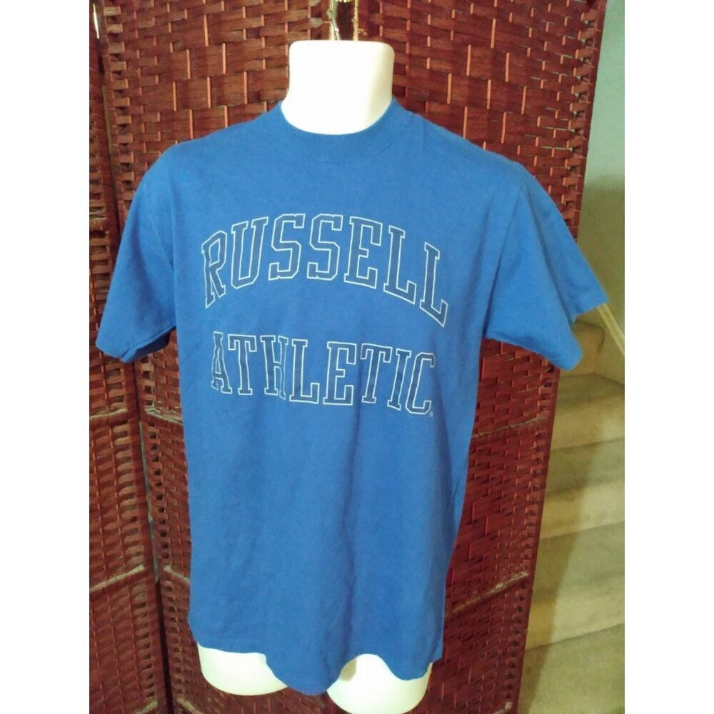 Vintage Russell Athletic T Shirt Spell Out 90s Blue Medium